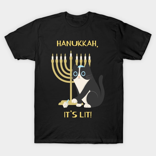 Hanukkah, It's Lit! Dreidel Chanukah Jewish Cat Menorah T-Shirt by LittleFlairTee